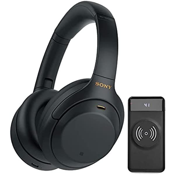 Sony Wh-1000Xm4 Auriculares Inalámbricos Bluetooth Con Cancelación De Ruido Con Control De Sonido (Negro) Y Cámara De Enfoque De 10.000 Mah Pantalla Led Ultraportátil Paquete De Batería De Carga Rápida Inalámbrica (2 Artículos)