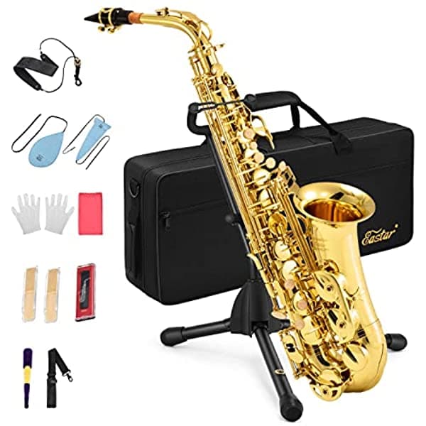 Saxofón Eastar As-Ⅱ Alto Para Estudiantes De Laca Dorada Kit Completo Con Funda De Saxofón De Transporte Correas Para Boquilla Soporte Y Grasa De Corcho EB134-FBA-CA