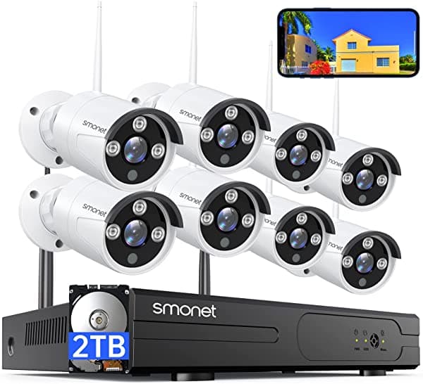 Sistema De Cámara De Seguridad Inalámbrico De 3 Mp Con Audio Smonet 8 Canales De Vigilancia Cctv Para El Hogar 8 Unidades De 3 Mp Cámaras Ip Wifi Para Interiores Y Exteriores Visión Nocturna Impermeable Disco Duro De 2 Tb Aplicación Gratuita Ai Detección Humana SN-SMUS-W88102T-H5-A-GM