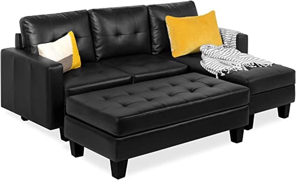 Best Choice Products Sofá Capitoné de Cuero Sintético 3 Asientos en L Set de Sofá con Chaise Lounge Banco de Mesa de Café Otomano Negro SKY4554