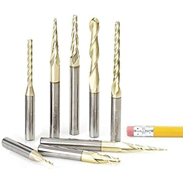 Amana Herramienta Ams-136 8-Pc Cnc 2D Y 3D Talla Bola Nariz & Inferior Plana Zrn Coated Solid 1/4 Inch Shk Router Bit De Carburo Collection