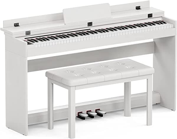 Umomo Piano Digital Con Banco Dúo Piano Eléctrico De 88 Teclas Para Principiantes/Adultos Con Banco De Piano Acolchado Soporte De Música Adaptador De Corriente Tablero De 3 Pedales Libro De Instrucciones Y Conector Para Auriculares Color Blanco