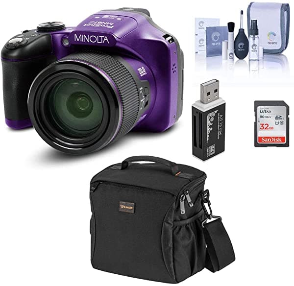 Minolta MN67Z Camara Bridge Wi-Fi Full HD de 20 MP con Zoom Optico de 67X Color Morado - Paquete Con Bolso de Hombro Tarjeta de Memoria SDHC de 32 Gb Kit de Limpieza Lector de Tarjetas