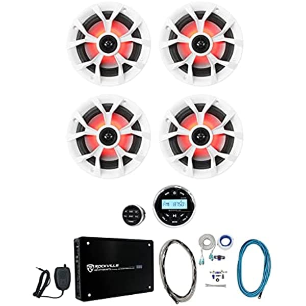 (4) Rockville Rkl65Mbw 6.5 "700W Altavoces Led Marinos+Receptor+Amplificador+Kit De Amplificador
