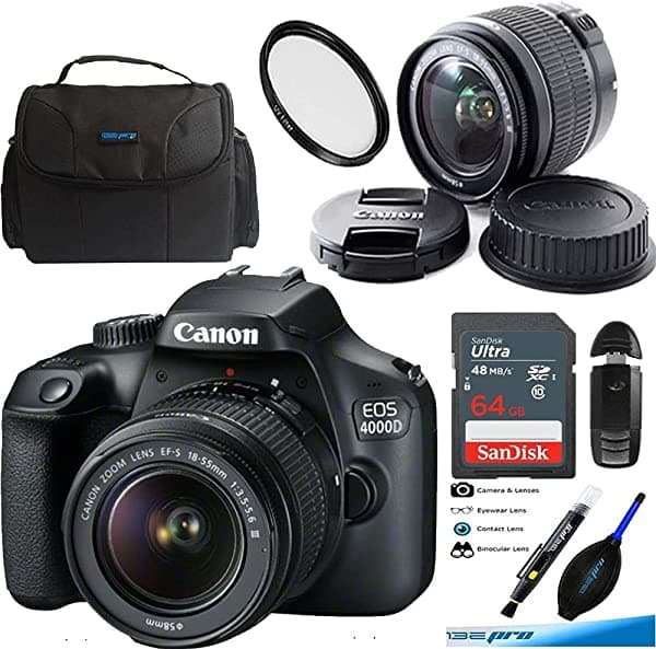 Deal-Expo Canon Eos 4000D Cámara Digital Con Lente Ef-S 18-55Mm F/3.5-5.6 Iii + Paquete De Accesorios Intermedios De 64Gb (Versión Internacional) CN4000D-1855IIIDBB64GBINT