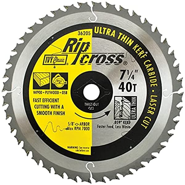 Ivy Classic Ripcross 7 - 1/4-Inch 40 Diente Hoja De Sierra Circular De Carburo De Kerf Finas Con 5/8-Inch Diamond Knockout Arbor 36205