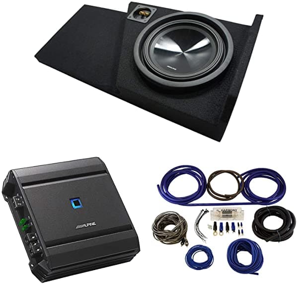 American Sound Connection Compatible con 2014 2015 2016 2017 2018 2019 Chevy Silverado doble cabina Alpine SWT-10S2 subwoofer de audio de auto individual 10 pulgadas personalizado caja para subwoofer paquete ALPINE-PACK194A-AMP