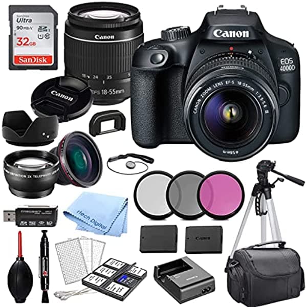 Canon Eos 4000D Cámara Dslr Con Lente De Zoom De 0.709-2.165 In F/3.5-5.6 Memoria De 32 Gb Funda Trípode Y Más (Paquete De 28 Piezas) CanonEOS4000Dw32GB