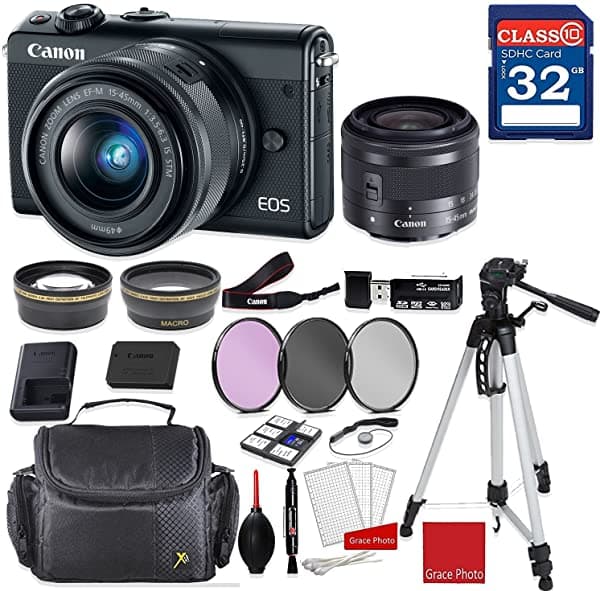 Canon EOS M100 Cámara Digital Sin Espejo (Negro) con Lente Canon EF-M 15-45mm f/3.5-6.3 IS STM (Grafito) + Paquete de Accesorios Profesionales Canon M100