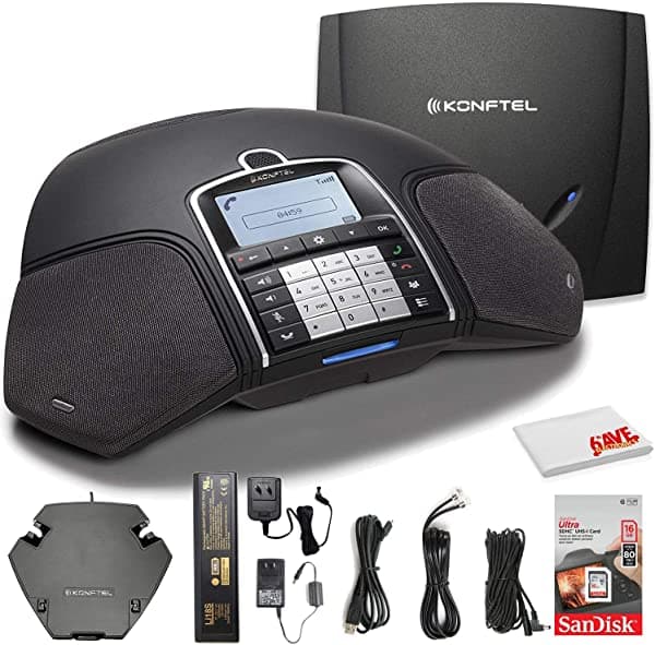 Konftel 300Wx Teléfono Inalámbrico Para Conferencias Con Estación Base Dect Analógica + Tarjeta Sandisk De 16 Gb Para Grabar Llamadas + Paño De Limpieza Y Más - Paquete De Sala De Conferencias