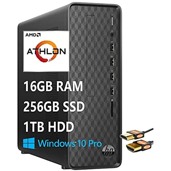 HP Slim Flagship - Computadora de Escritorio AMD Athlon Gold 3150U 16GB RAM 256GB SSD 1TB HDD AMD Radeon Graphics DVD-RW Bluetooth Teclado y Mouse Lector de Tarjetas SD VGA Win10 Pro Negro + Cable HDMI HP Slim Desktop