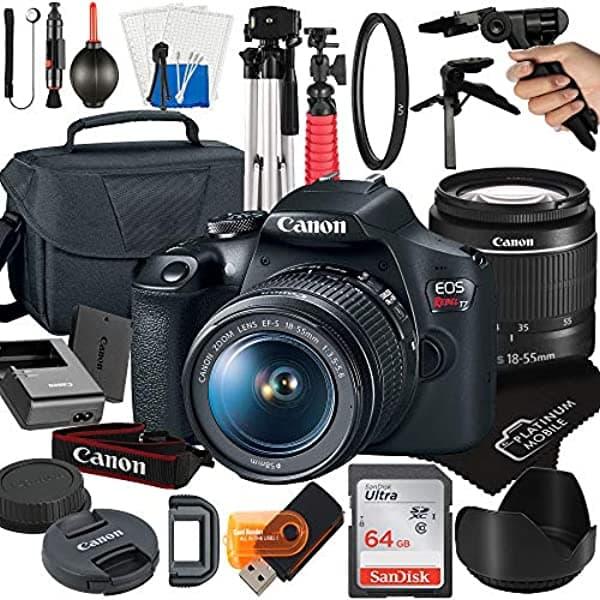 MegaAccessory Cámara Réflex Digital Canon Eos Rebel T7 Con Lente De Zoom De 0.709-2.165 In + Accesorio Móvil Platino. El Paquete Incluye Tarjeta De 64 Gb Trípode Bolsa (Paquete De 21 Piezas) (Lente De 0.709-2.165 In Tarjeta De 64 Gb)