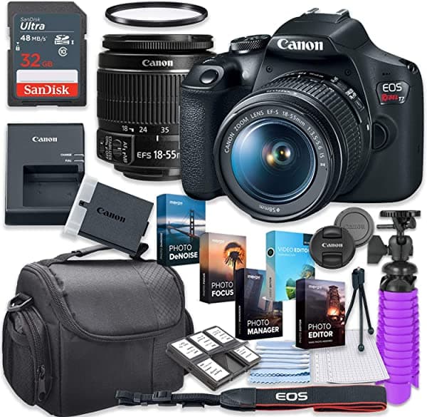 Canon Eos Rebel T7 Cámara Réflex Digital Con Lente De 0.709-2.165 In + Tarjeta De 32 Gb + Paquete De Accesorios Para Fotos