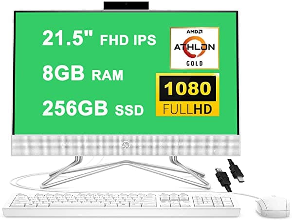 Hp Flagship 22 Computadora De Escritorio Todo En Uno De 21.5 Pulgadas Fhd Ips Pantalla Amd Athlon Gold 3150U 8Gb Ddr4 256Gb Ssd Wifi Dvd Amd Radeon Graphics Webcam Win 10 + Cable Hdmi HP 22 All-In-One
