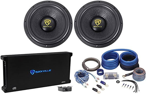 (2) Rockville W12K9D2 12" 8000 Vatios Subwoofers De Coche+Amplificador Mono + Kit De Amplificador De Cobre (2) W12K9D2+dB16+RWK0CU