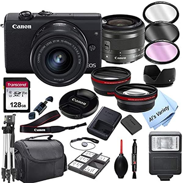ALS VARIETY Cámara Digital Canon Eos M200 Sin Espejo Con Lente De Zoom De 15 A 1.772 In + Tarjeta De 128 Gb Trípode Funda Y Más (24 Unidades)