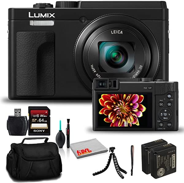 Panasonic Lumix DCZS80 - Cámara Digital (Negro) (DC-ZS80K) - Paquete - Con Tarjeta de Memoria de 64 GB + Batería DMW-BLE9 + Trípode Flexible de 12 Pulgadas + Bolso para Cámara + Juego de Limpieza + Lector de Tarjetas USB