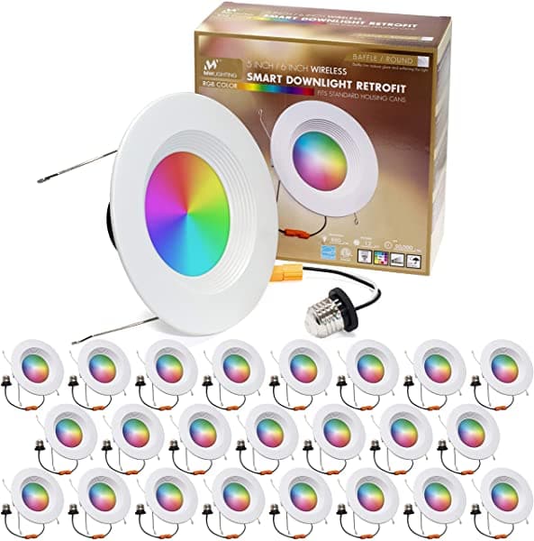 Mw Retrofit De Luz Descendente Inteligente De Color Rgb De 6 Pulgadas Con Ribete Deflector 24 Unidades 1000 Lúmenes 80 W Incandescente Acceso Wifi No Requiere Concentrador Compatible Con Alexa O Google Assistant (Paquete De 24) MW-D613-BA-RGBWIFI