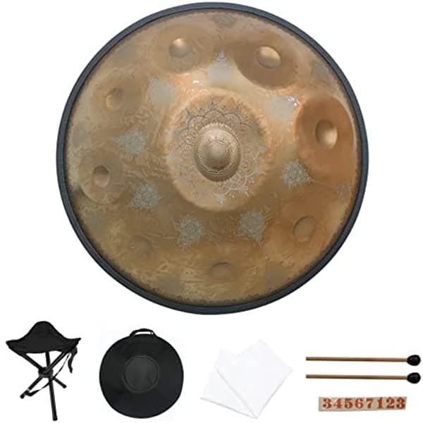 Reekio 22 Pulgadas 9 Notas Handpan Re Menor de Acero Pan de Mano Hang Drum Instrumento de Percusión Handpan Funda Baquetas Trípode y Más MDE0002-Mandala9GLD