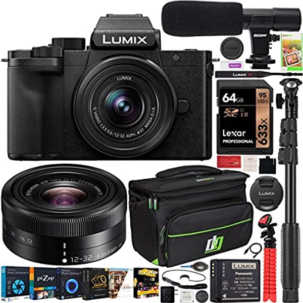 Panasonic Dc-G100Kk Lumix G100 - Cámara De Vigilancia Sin Espejo 4K Con Lente F3.5-5.6 De 12 A 1.260 In (Incluye Bolsa Para Cámara Deco Gear + Monopié Para Vídeo Fotográfico + Micrófono + Tarjeta De 64 Gb + Kit De Software Y Accesorios) E4PNDCG100KK