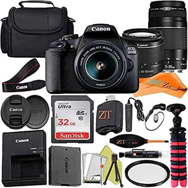 Canon Eos 2000D (Rebel T7) Cámara Réflex Digital De 241 Mp Con Sensor Ef-S De 18 A 2.165 In Y Lente De 75 A 11.811 In + Paquete De Accesorios Zeetech Para Tarjeta De Memoria Sandisk De 32 Gb Funda Y Trípode