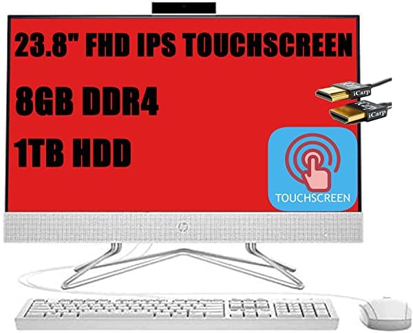 Hp 24 Computadoras De Escritorio Todo En Uno De 23.8 Pulgadas Pantalla Táctil Full Hd Ips Antirreflejo (72% Ntsc) Procesador Intel Quad-Core Pentium Silver J5040 8 Gb Ddr4 1Tb Hdd Teclado Y Mouse Win11 Blanco + Cable Hdmi HP 24 All-in-One