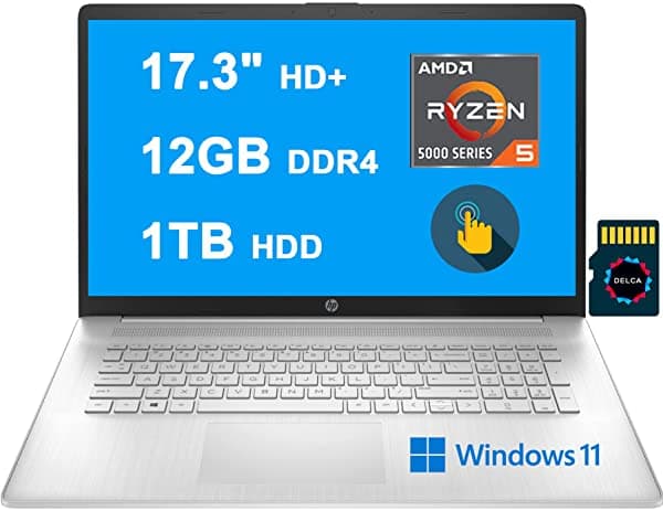 HP 17 Business Notebook 17.3" HD+ Pantalla Táctil AMD 6-Core Ryzen 5 5500U (supera al i7-1160G7) 12GB DDR4 1TB HDD AMD Radeon Graphics USB-C Win11 Plata + 32GB Tarjeta MicroSD HP Laptop