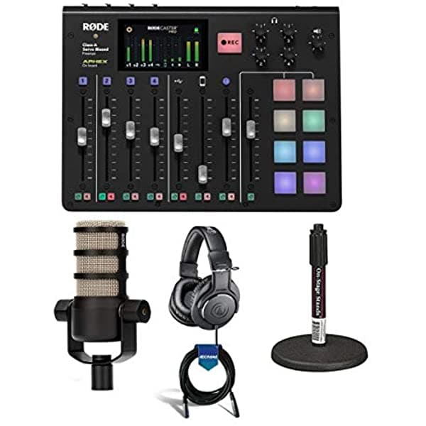 Rode Rodecaster Pro - Consola De Producción Integrada De Podcast Paquete Con Micrófono Dinámico De Podcasting Rode Podmic Soporte De Micrófono Ds7200B Auriculares De Monitor Profesional Cable De Micrófono Xlr De 20 Pies RODECASTER PRO F