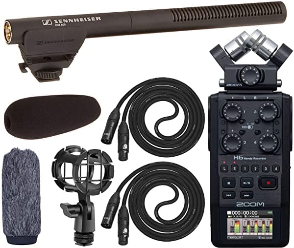 Sennheiser MKE 600 - Kit de Micrófono Shotgun para Video Cine y Radiodifusión con Soporte de Impacto Paquete de Parabrisas y Grabador Zoom H6 MKE 600 / H6