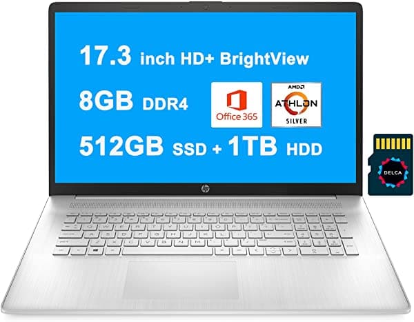 HP 2021 17 Premium Notebook 17.3 pulgadas HD+ BrightView Pantalla AMD Athlon Plata 3050U 8GB DDR4 512GB SSD + 1TB HDD USB-C HDMI WiFi6 Office365 Win10 Plata + 32GB Tarjeta MicroSD HP Laptop 17