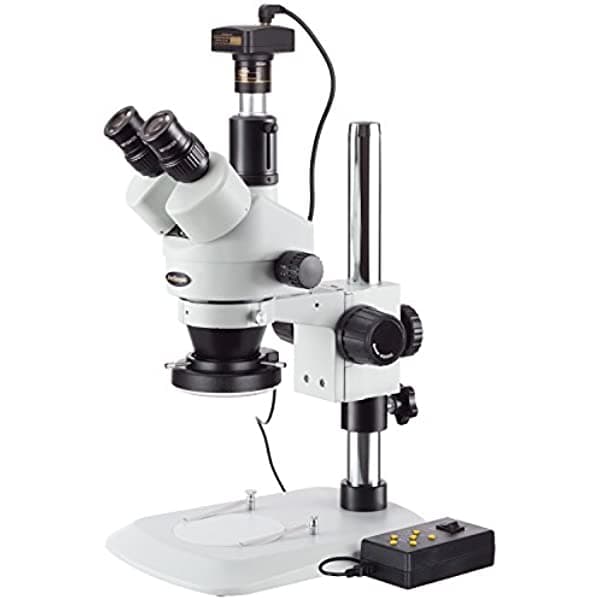 AmScope SM-1TNZ-144A-10M Microscopio Digital Profesional Trinocular con Zoom Estéreo Oculares WH10X 35X-90X Zoom de Aumento 0.7X-4.5X Lente Four-Zone Anillo de Luz LED Soporte de Pilar 110V-240V Incluye Cámara con Lente de Reducción de 0.5X y Lente Barlow de 2.0X y 10MP y Software