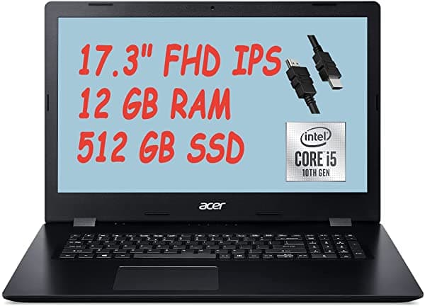 Flagship Acer Aspire 3 Notebook 17.3" FHD IPS Pantalla 10ª Generación Intel Quad-Core i5-1035G1 (supera al i7-8665U) 12GB RAM 512GB SSD DVD-RW WiFi Webcam Win10 + Cable HDMI