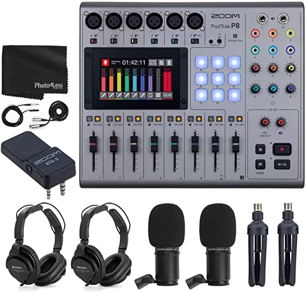 Zoom Podtrak P8 Grabador De Podcast Multipista + 2X Zoom Zdm-1 Podcast Mic + Zoom Bta-2 Adaptador Bluetooth + 2 X Auriculares + 2 X Parabrisas + Cable Xlr Paquete De Valor Superior ZP8 K6