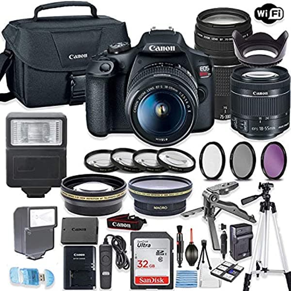 Canon EOS Rebel T7 Cámara con Lente Canon EF-S 18-55mm IS II y Lente 75-300mm F/4-5.6 III + 32 GB de Memoria SanDisk + Funda Canon + Flash TTL Speedlite (Hasta 180 Pies) + Paquete de Accesorios Canon T7
