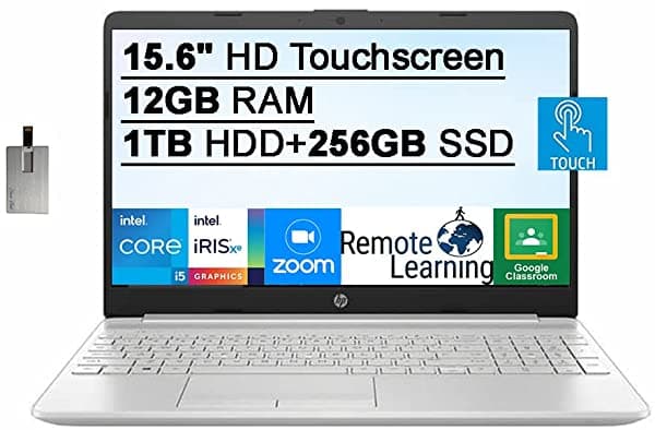 2021 HP 15.6" HD Pantalla Táctil Notebook 11ª Generación Intel Core i5-1135G7 Procesador 12GB RAM 1TB HDD+256GB SSD Teclado Retroiluminado Intel Iris Xe Graphics HD Webcam USB-C Win 10 Plata Tarjeta USB de 32GB