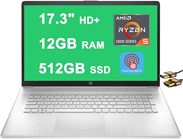 Hp Flagship 17 - Computadora Portátil De 17.3 Pulgadas Hd+ Pantalla Táctil Amd 5000 Series Hexa-Core Ryzen 5 5500U (Beats I7-1160G7) 12Gb Ram 512Gb Ssd Lector De Huellas Dactilares Usb-C Office365 Win11 Plata + Cable Hdmi HP Laptop 17 Touch