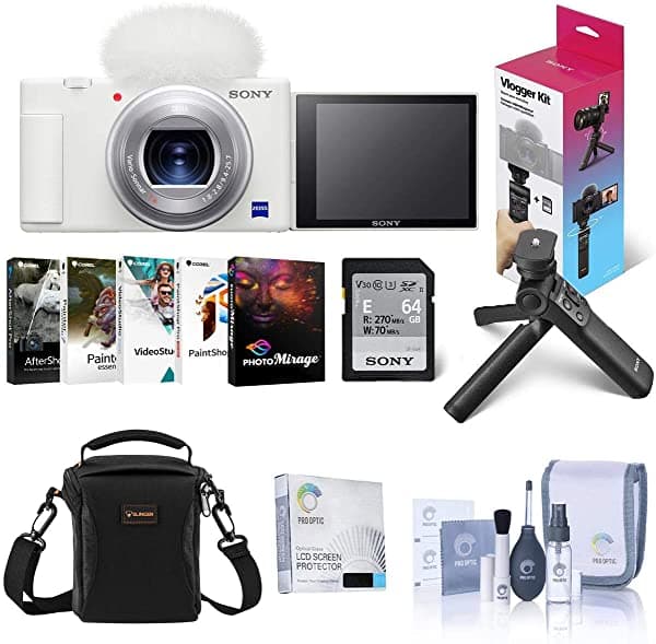 Sony Zv-1 Cámara Digital Compacta 4K Hd Paquete Blanco De Agarre De Disparo/Trípode Tarjeta Sd Uhs-Ii De 64 Gb Bolsa Paquete De Software Corel Pc Protector De Pantalla Kit De Limpieza DCZV1/W C