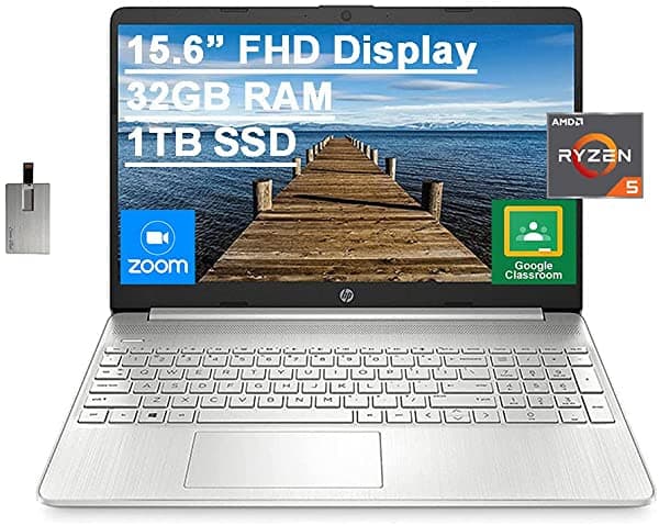 2021 HP - Notebook FHD de 15.6 Pulgadas Procesador AMD Ryzen 5-5500U (supera al Intel i7-1065G7) 32GB RAM 1TB PCIe SSD AMD Radeon Graphics HD Webcam HDMI Windows 10 Plata Tarjeta USB de 32GB