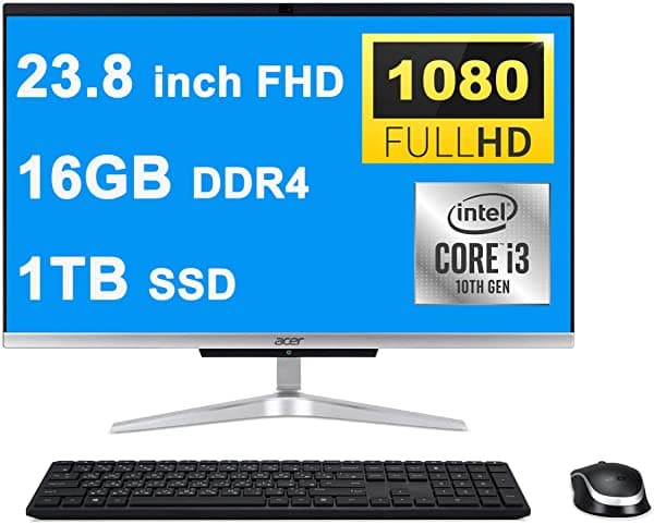 Acer Aspire 24 All-In-One Desktop Computadora I 23.8 Pulgadas Full Hd Display I 10ª Generación Intel Core I3-1005G1 Procesador I 16Gb Ddr4 1Tb Ssd I Intel Uhd Graphics I Wifi5 Webcam Win10 Plata + Cable Hdmi
