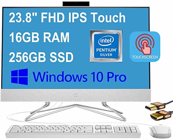 HP Flagship 24 Computadora de Escritorio All-in-One 23.8" FHD IPS 72% NTSC Pantalla Táctil Intel 4-Core Pentium Silver J5040 16GB RAM 256GB SSD DVD-RW WiFi Webcam Emergente Win10 Pro Blanco + Cable HDMI