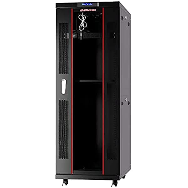 Sysracks 32U Gabinete Rack para Servidor Red de Datos con Cerradura con Ruedas - Pantalla LCD - 4 Ventiladores de Refrigeración - Termostato - Barra de Potencia - Estante - Ruedas SRF 32.1000