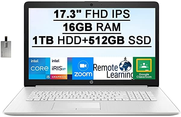 2021 HP 17.3" HD+ Notebook Procesador Intel Core i5-1135G7 (> i7-1065G7) 16GB RAM 1TB HDD+512GB PCIe SSD Teclado Retroiluminado Intel Iris Xe Graphics Cámara Web HD Windows 10 Plata Tarjeta USB de 32 GB