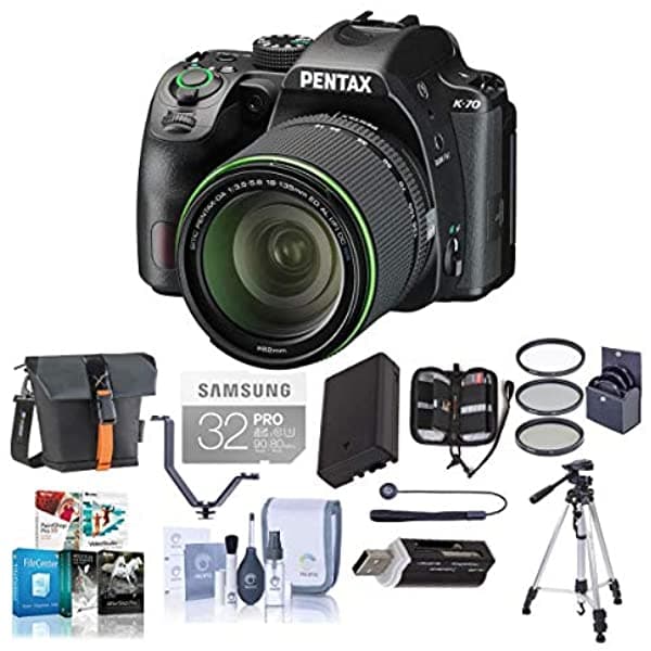 Pentax K-70 Cámara Dlr Full Hd De 24 Mp Con Lente Smc Da De 0.709-5.315 In F/3.5-5.6 Ed Al Dc Wr Negro Paquete Con Funda De Funda Batería De Repuesto Trípode Kit De Filtro De 2.441 In Kit De Limpieza Paquete De Software Y Más