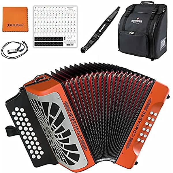 Hohner Compadre Gcf Cogo Acordeón Paquete Naranja Con Bolsa Hohner Correa Mini Armónica Tela Polaca Y Pegatinas Para Piano