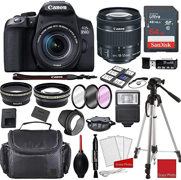 Grace Photo Eos 850D (Rebel T8I) Kit Con Lente Ef-S De 0.709-2.165 In F/4-5.6 Stm + Memoria Sandisk De 64 Gb + Paquete De Accesorios Profesionales