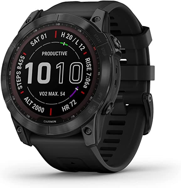 Garmin Fenix 7X Sapphire - Reloj Inteligente De Aventura De Tamaño Más Grande Con Capacidad De Carga Solar Reloj Resistente Para Exteriores Con Gps Pantalla Táctil Características De Bienestar Titanio Dlc Negro Con Correa De Color Negro 010-02541-22