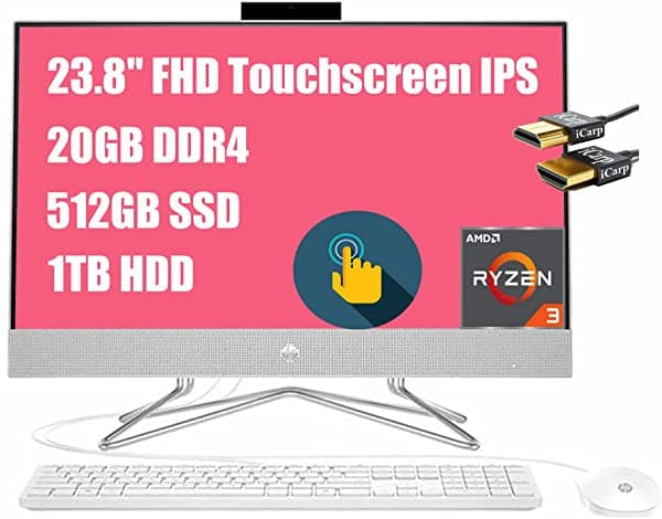 Hp 24 Todo En Uno Flagship Computadora De Escritorio 23.8 Pulgadas Fhd Pantalla Táctil Ips Amd Quad-Core Ryzen 3 4300U (Beats I5-10210U) 20Gb Ddr4 512Gb Ssd 1Tb Hdd Webcam Wifi Win 10 + Cable Hdmi