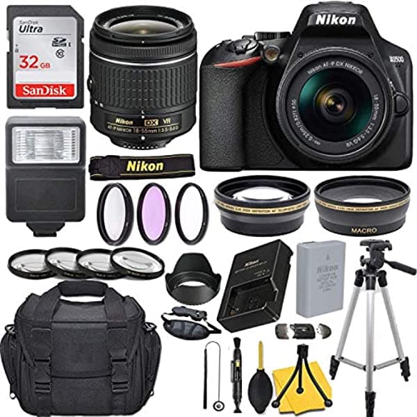 Nikon D3500 Cámara Dslr Con Af-P Dx Nikkor 0.709-2.165 In F/3.5-5.6G Vr Lente + Tarjeta De 32Gb Flash Trípode Y Paquete De Accesorios