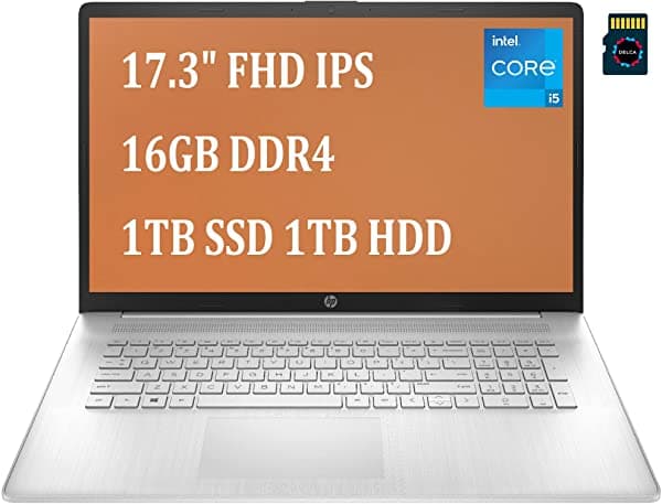 HP 2021 Premium 17 Notebook I 17.3" FHD IPS I 11ª Generación Intel 4-Core i5-1135G7 (> i7-10510U) I 16GB DDR4 1TB SSD 1TB HDD I Intel Iris Xe Graphics USB-C Win10 Plata + Delca 32GB Tarjeta MicroSD HP 17 Laptop