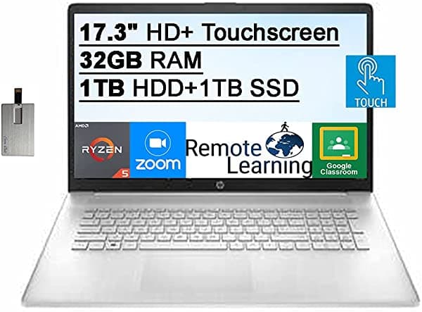 2021 Hp 17.3 Pulgadas Hd+ Pantalla Táctil Procesador Amd Ryzen 5-5500U (6 Núcleos) 32 Gb De Ram 1 Tb Hdd+1 Tb Ssd Gráficos Amd Radeon Hd Audio Cámara Web Teclado Numérico Win 10 Plata Tarjeta Usb De 32 Gb
